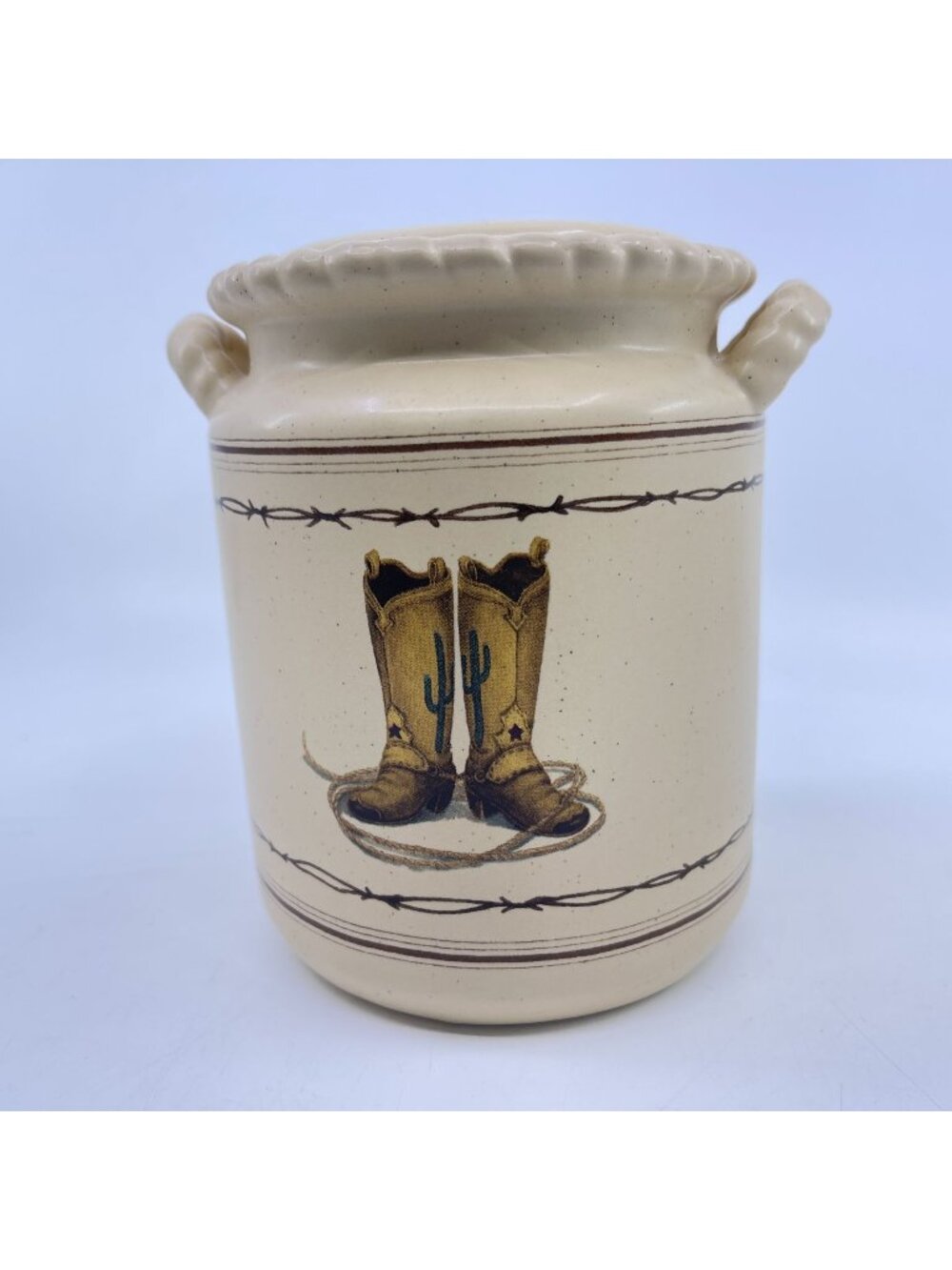 vintage western boots ceramic canister with lid barbed wire trim ranch cowboy
